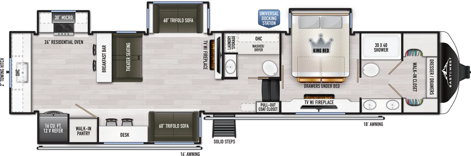 The Ahara 395FB floorplan has one entry and four slide outs. Exterior features include: fiberglass exterior and 16' & 18' awning. Interiors features include: rear kitchen and bathroom and a half.